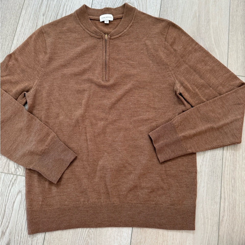 NEW Club Monaco Men’s 1/4 Zip Wool Sweater Brown Long Sleeve Soft Large